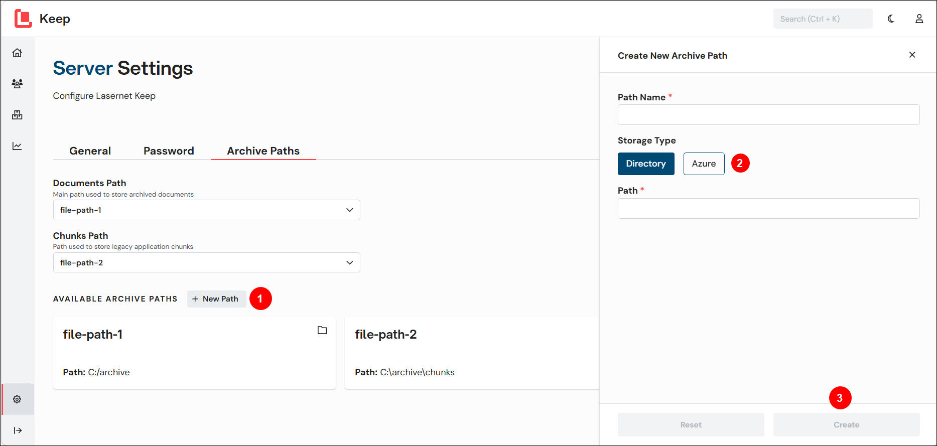 A number annotated screenshot of the Archive Path tab of the Server Settings page with the Create New Archive Path pane displayed.